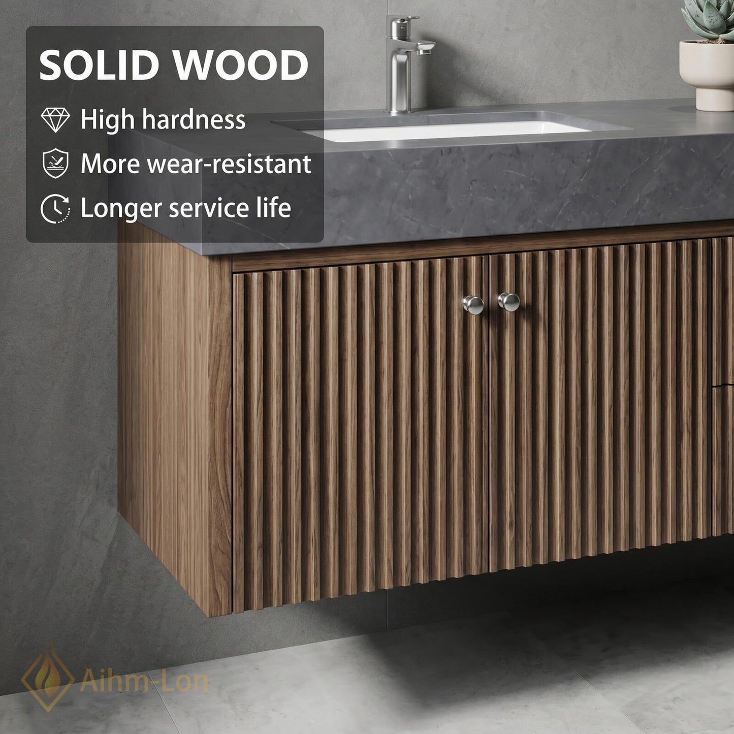 60''-96'' Double Bathroom Vanity with Sink Dark-Wood Modern Floating Fluted Panels