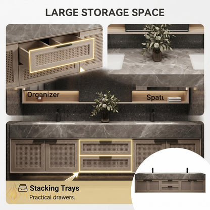 60''-96'' Double Bathroom Vanity with Sink Rattan Panel Doors Grey Marble Top