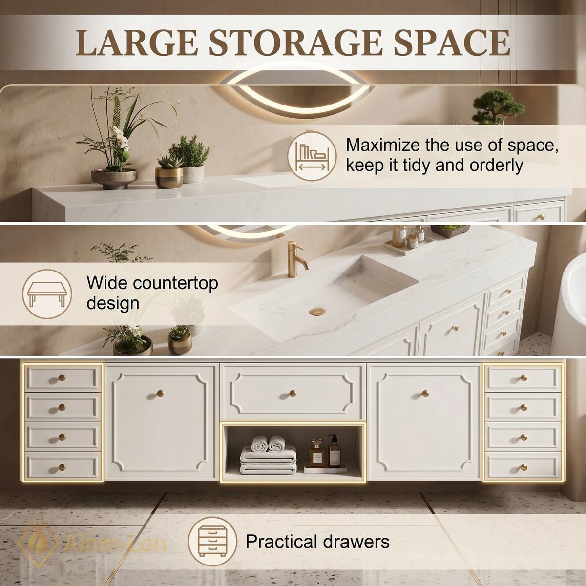 80''-96'' Bathroom Vanity with Sink White Painted Finish Floating Vanity