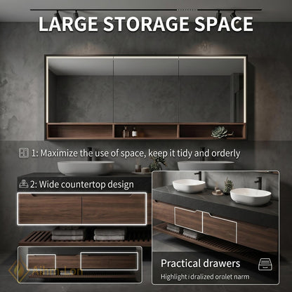 60''-96'' Double Bathroom Vanity with Sink Dark-Walnut Modern Floating Slatted Base