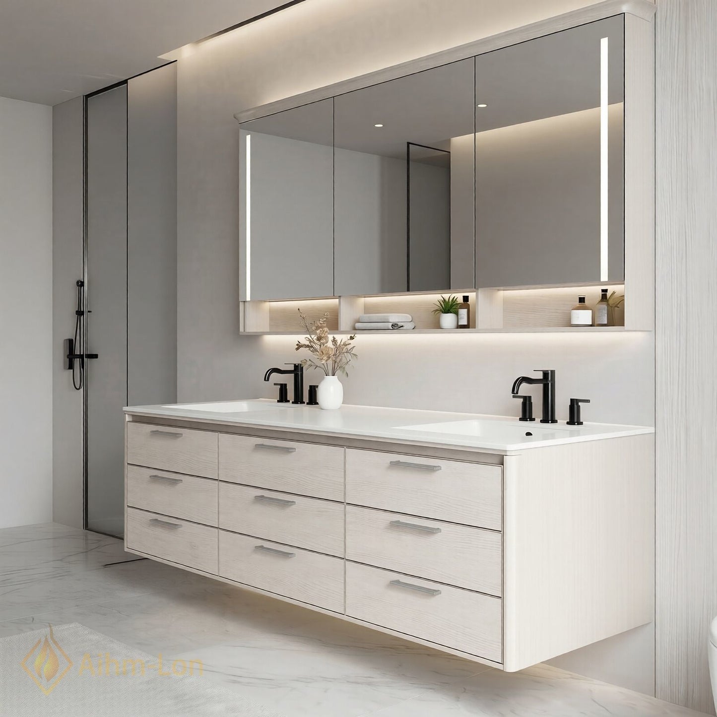 60''-96'' Double Bathroom Vanity with Sink Floating Frame Full Length Mirror Cabinet