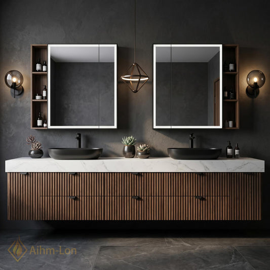 72''-96'' Bathroom Vanity with Sink Floating Double White Marble Slatted Front Panels