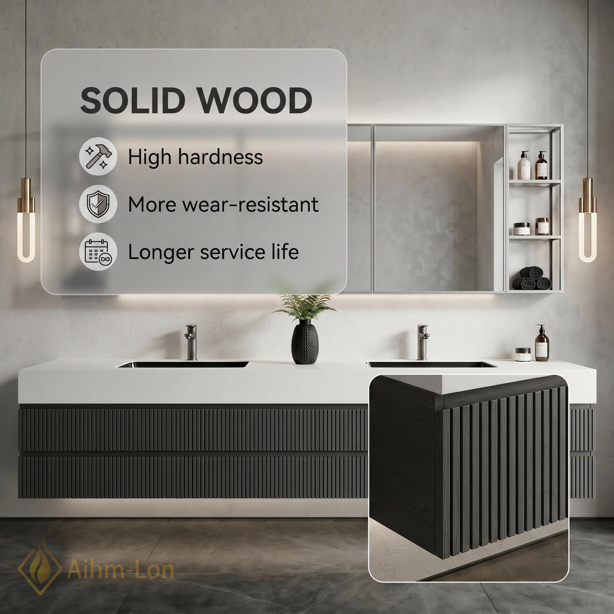 60''-96'' Double Bathroom Vanity with Sink Floating Double Charcoal Finish Slatted Front