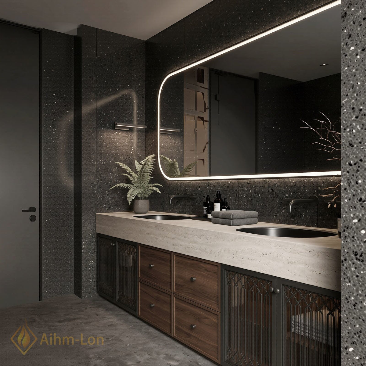 76''-96'' Double Bathroom Vanity with Sink Dark Textured Top Wire Mesh Doors