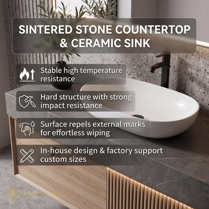 36''-110'' Floating Bathroom Vanity with Sink Riveted Slats Open Niche Slate Top