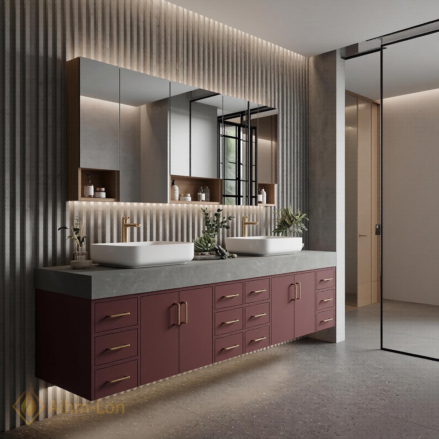 78''-96'' Double Bathroom Vanity with Sink Sleek Matte Burgundy Elegant Drawer Storage
