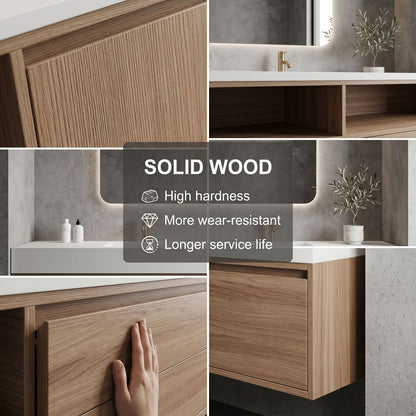 60''-96'' Floating Bathroom Vanity with Sink Minimalist Frame Solid Wood Cabinet Shelving