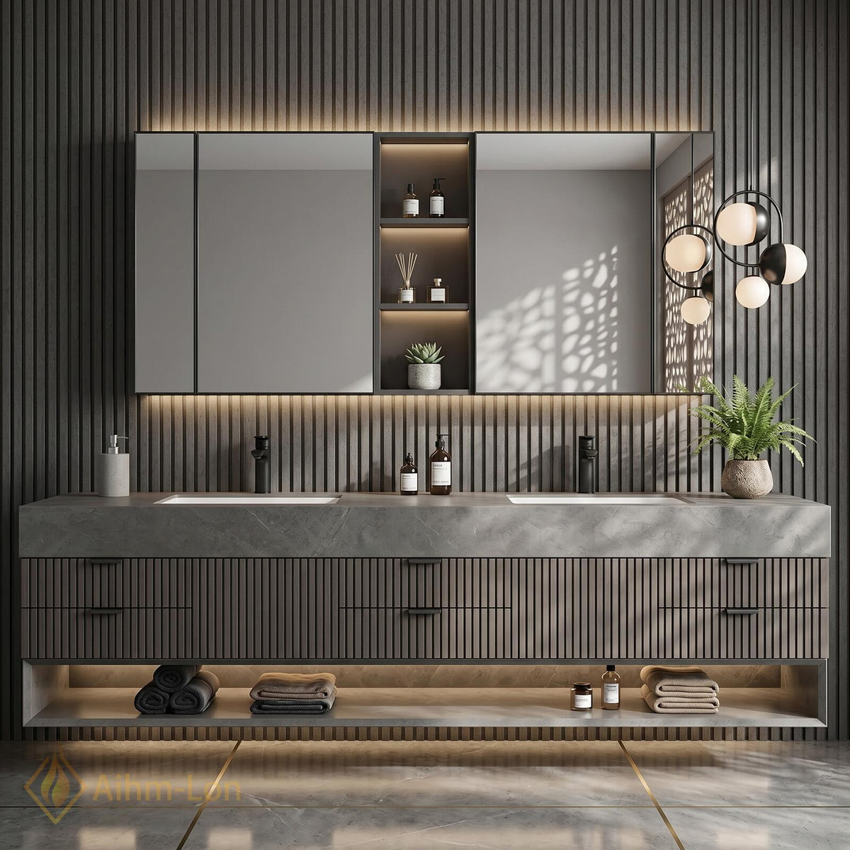 76''-96'' Double Bathroom Vanity with Sink Slatted Front Panel Dark Finish Shelving