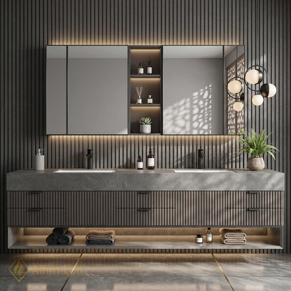 76''-96'' Double Bathroom Vanity with Sink Slatted Front Panel Dark Finish Shelving