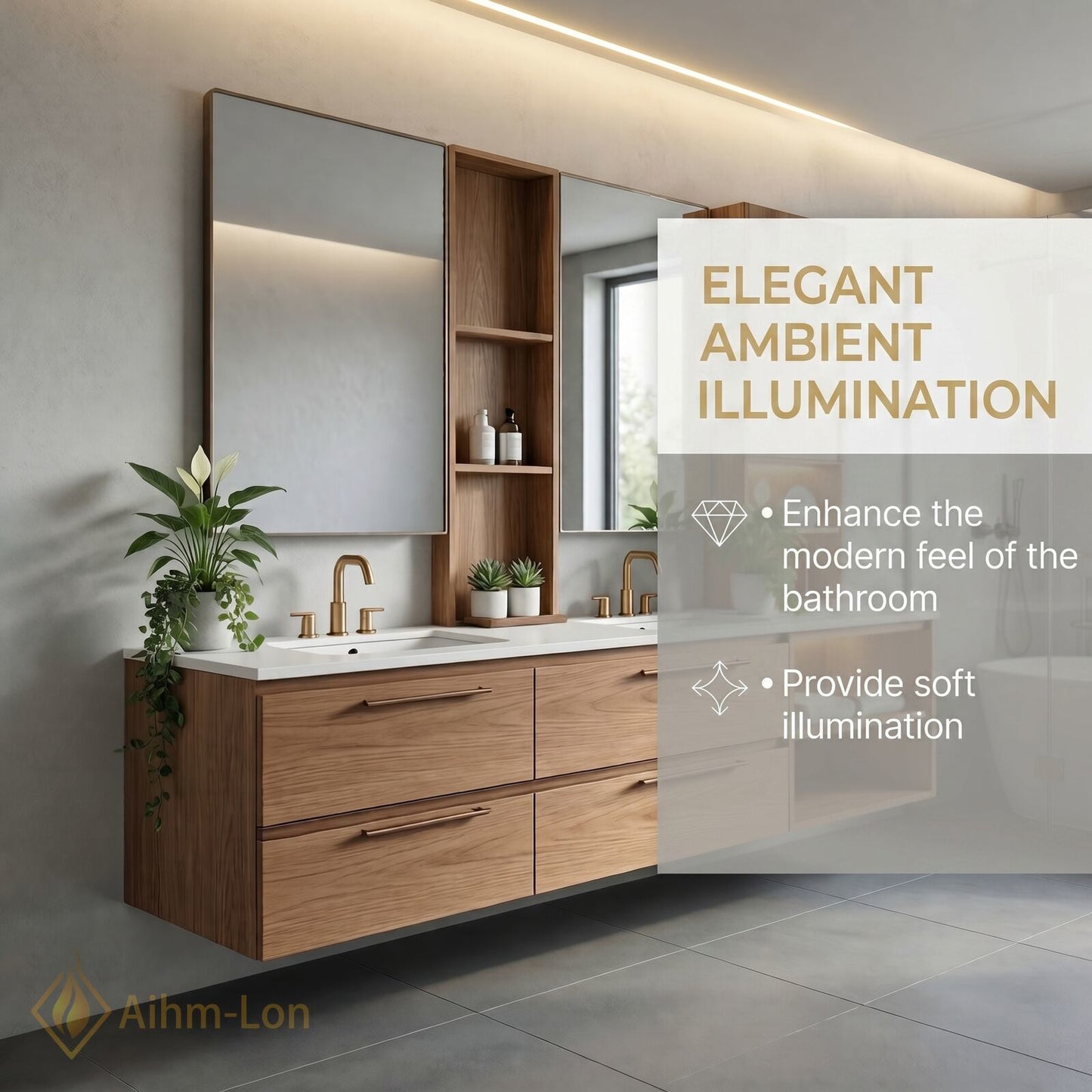 60''-96'' Floating Bathroom Vanity with Sink Slim Profile Natural Oak Open Shelving Mirror