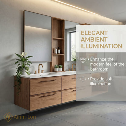 60''-96'' Floating Bathroom Vanity with Sink Slim Profile Natural Oak Open Shelving Mirror