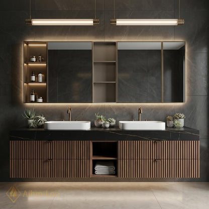 72''-96'' Double Bathroom Vanity with Sink Floating Double Dark Walnut Slatted Doors
