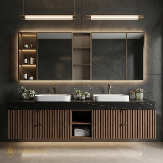 72''-96'' Double Bathroom Vanity with Sink Floating Double Dark Walnut Slatted Doors