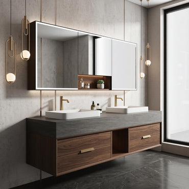 60''-96'' Mid-Century Grey Bathroom Vanity with Sink Large Center Open Shelf Storage