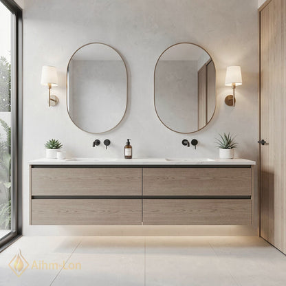60''-96'' Modern Bathroom Vanity with Sink Floating Natural Wood-Grain Stone Drawers