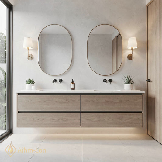 60''-96'' Modern Bathroom Vanity with Sink Floating Natural Wood-Grain Stone Drawers