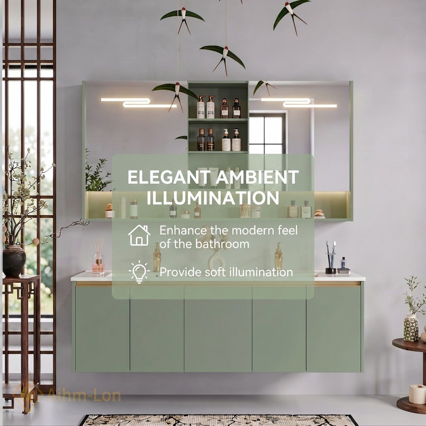 60''-96'' Floating Bathroom Vanity with Sink Dual Basin Matte Sage Mirror Cabinet