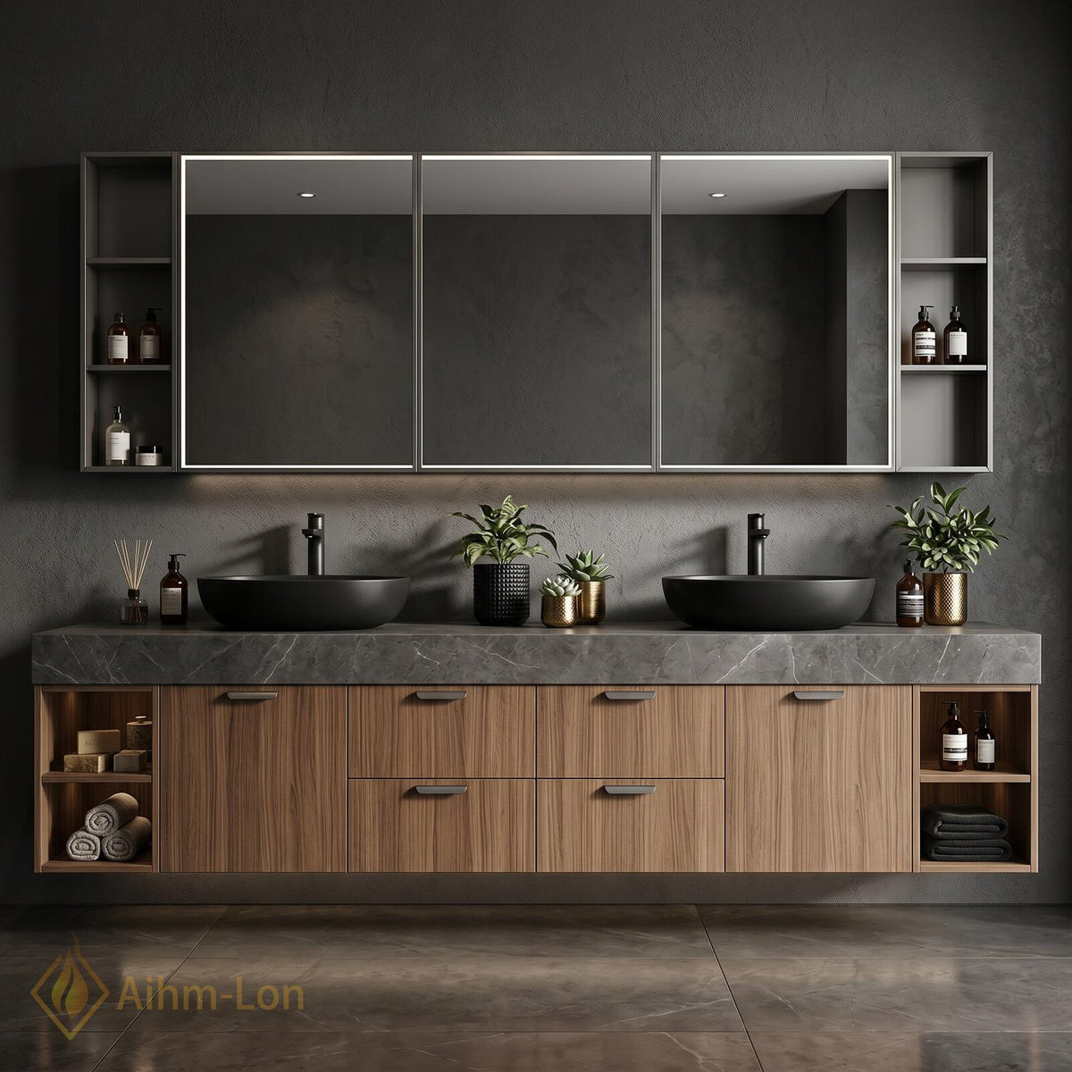 60''-96'' Double Bathroom Vanity with Sink Modern Floating Dark Walnut Finish Shelving