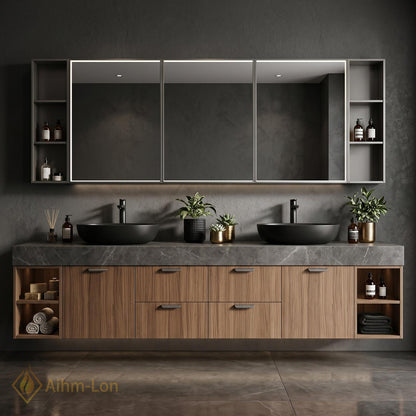 60''-96'' Double Bathroom Vanity with Sink Modern Floating Dark Walnut Finish Shelving