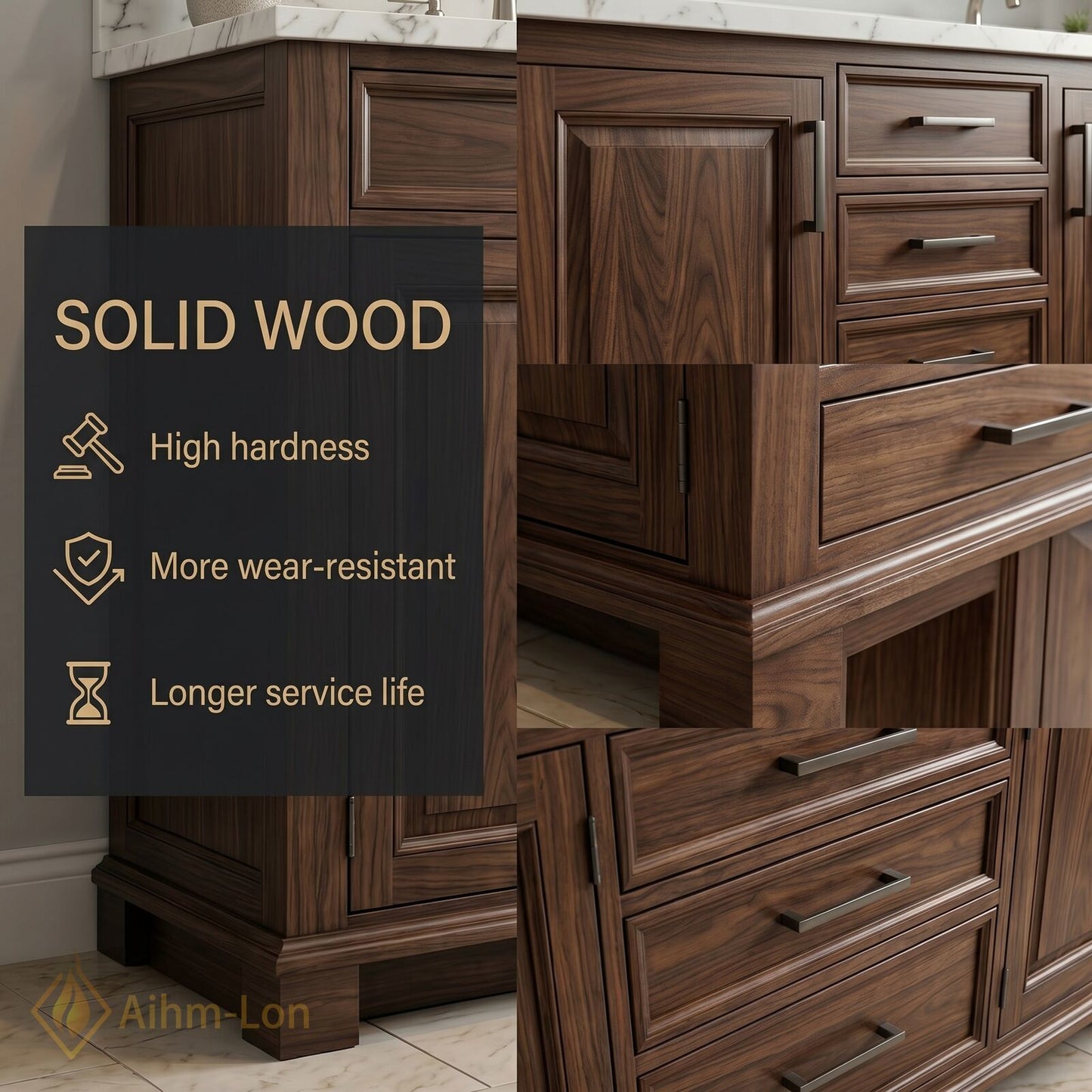 70''-96'' Elegant Bathroom Vanity with Sink Dark Wood Marble Deep Drawers Cabinet