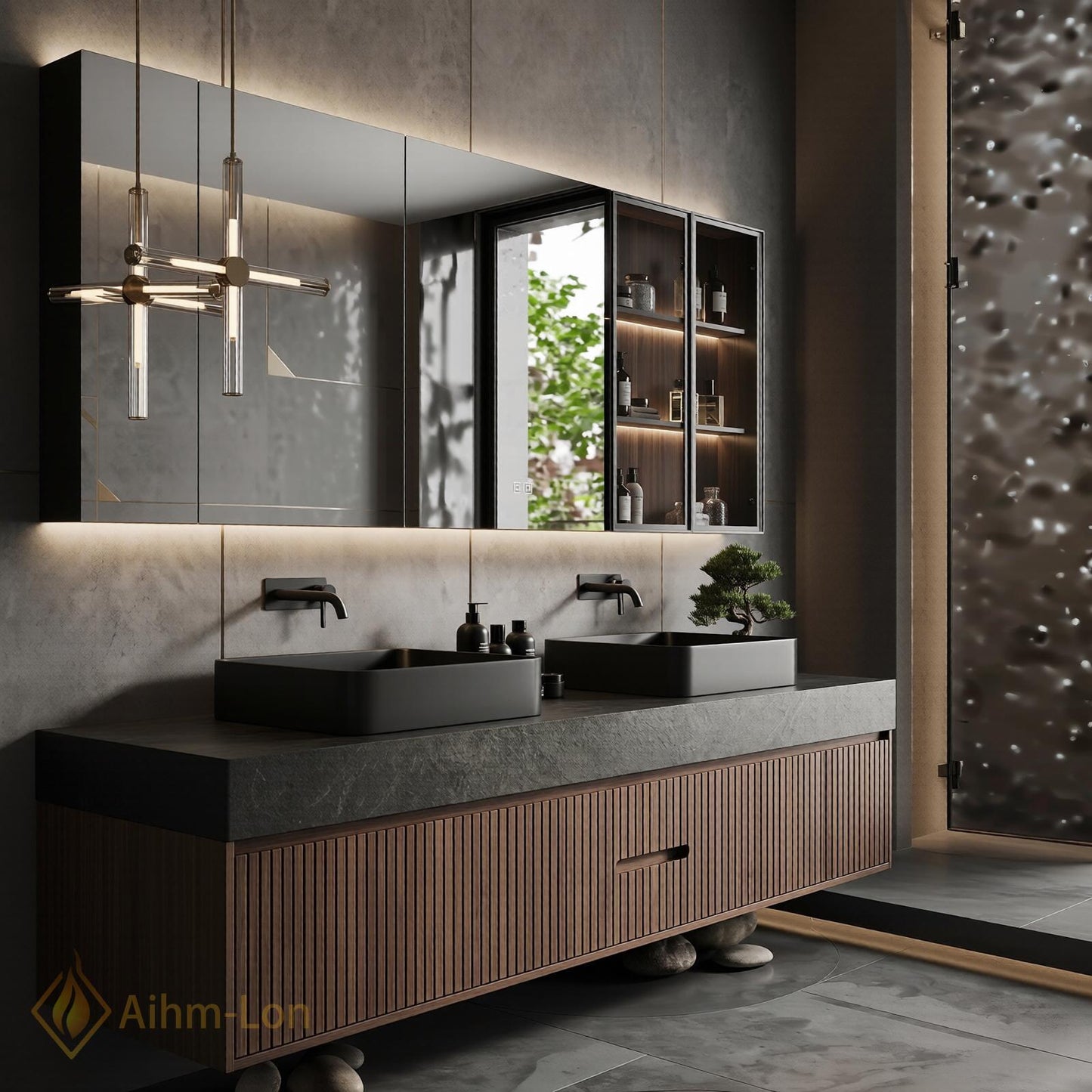 60''-96'' Double Bathroom Vanity with Sink Floating Dark Walnut Finish Slatted Wood