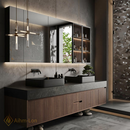 60''-96'' Double Bathroom Vanity with Sink Floating Dark Walnut Finish Slatted Wood