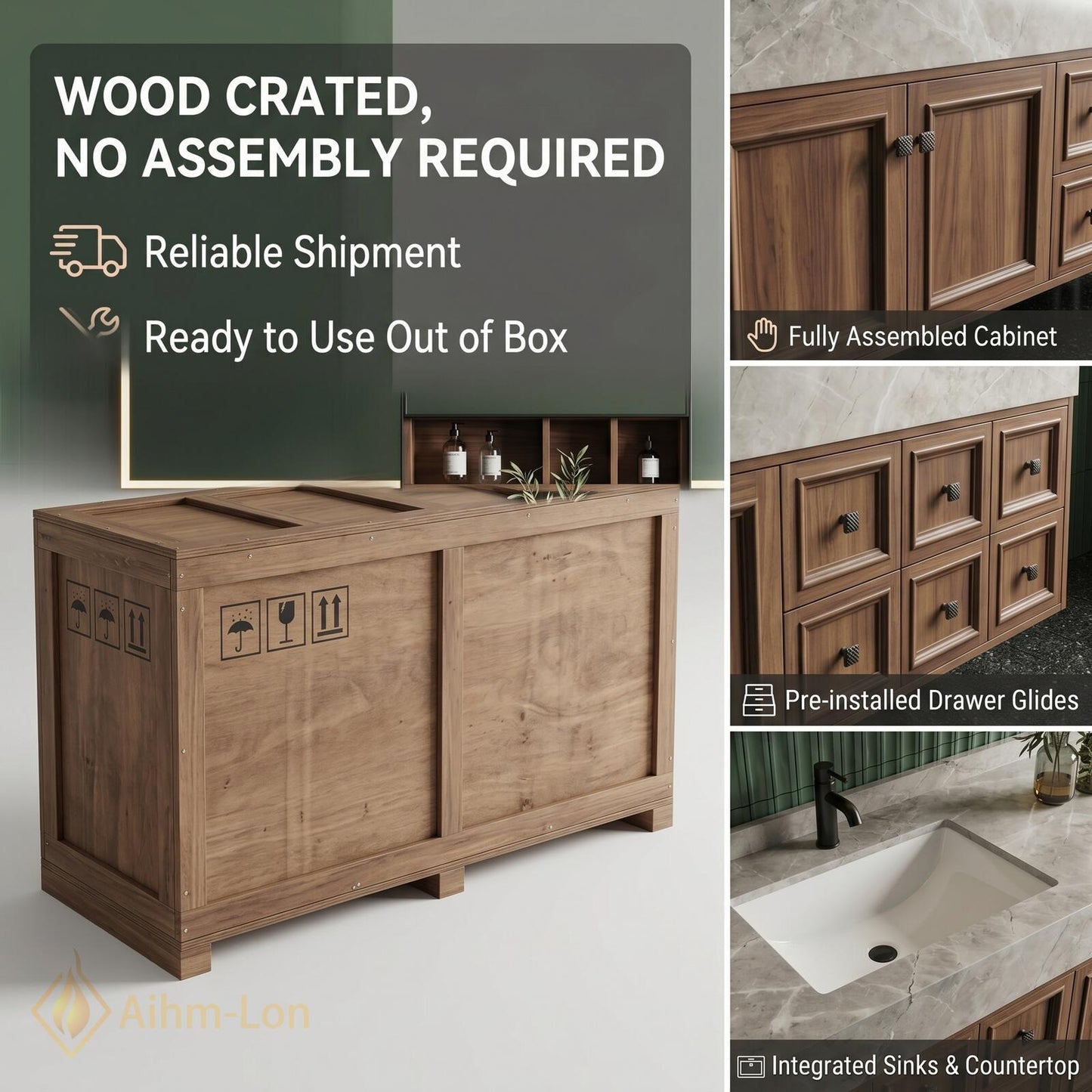 76''-96'' Modern Floating Bathroom Vanity with Sink Recessed Basins Solid Wood Panel
