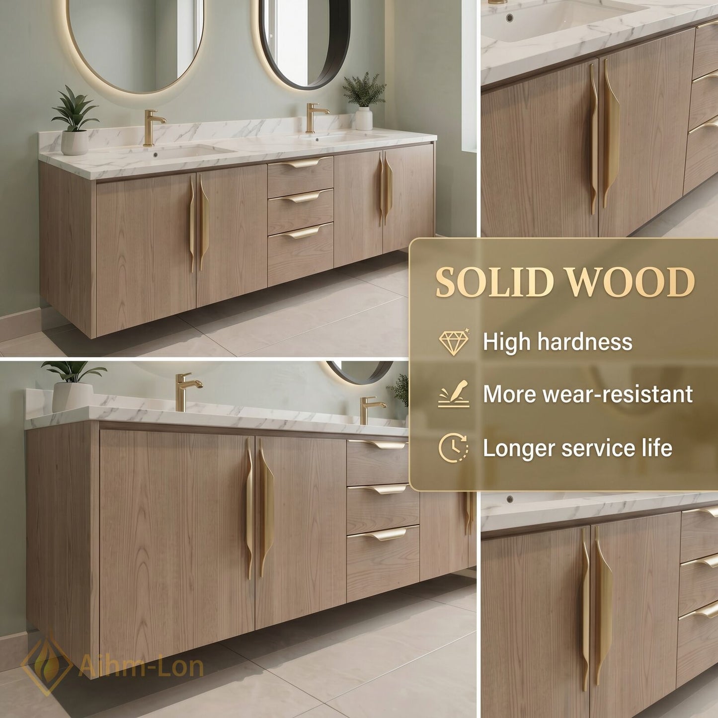 60''-96'' Floating Bathroom Vanity with Sink Dual Basin Marble-Effect Countertop Cabinet
