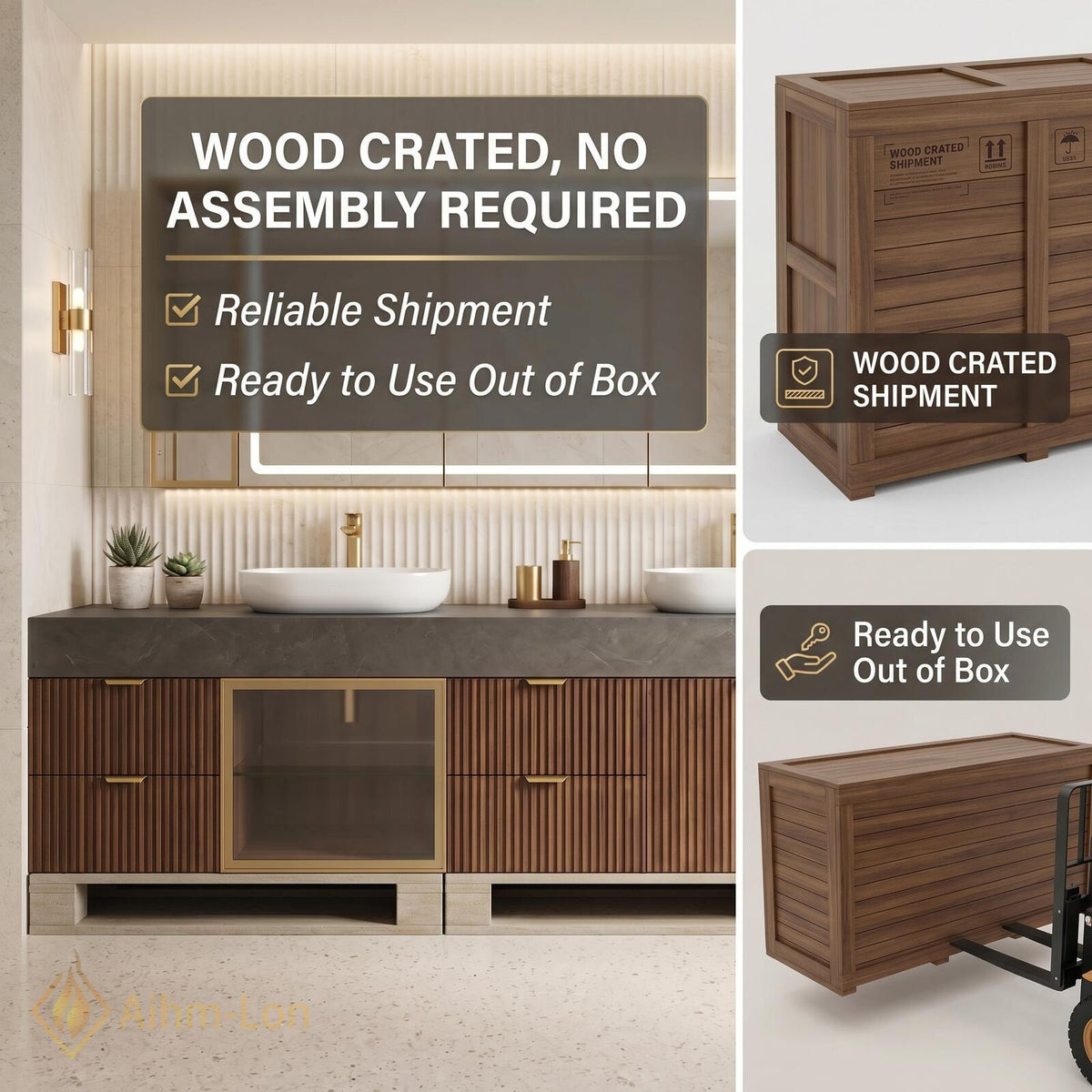 60''-96'' Double Bathroom Vanity with Sink Fluted Wood Doors Grey Stone Top