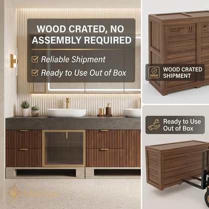 60''-96'' Double Bathroom Vanity with Sink Fluted Wood Doors Grey Stone Top