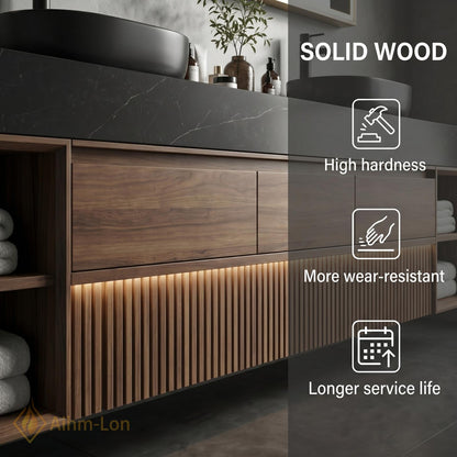 60''-96'' Double Bathroom Vanity with Sink Dark-Walnut Modern Floating Slatted-Panel
