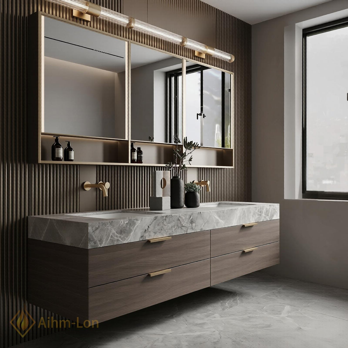 60''-96'' Double Bathroom Vanity with Sink Marble Top Warm Walnut Drawers Shelving