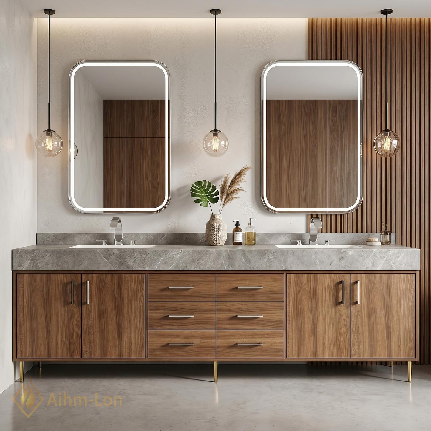 70''-96'' Double Bathroom Vanity with Sink Warm-Wood Floating Grain Drawer Modern