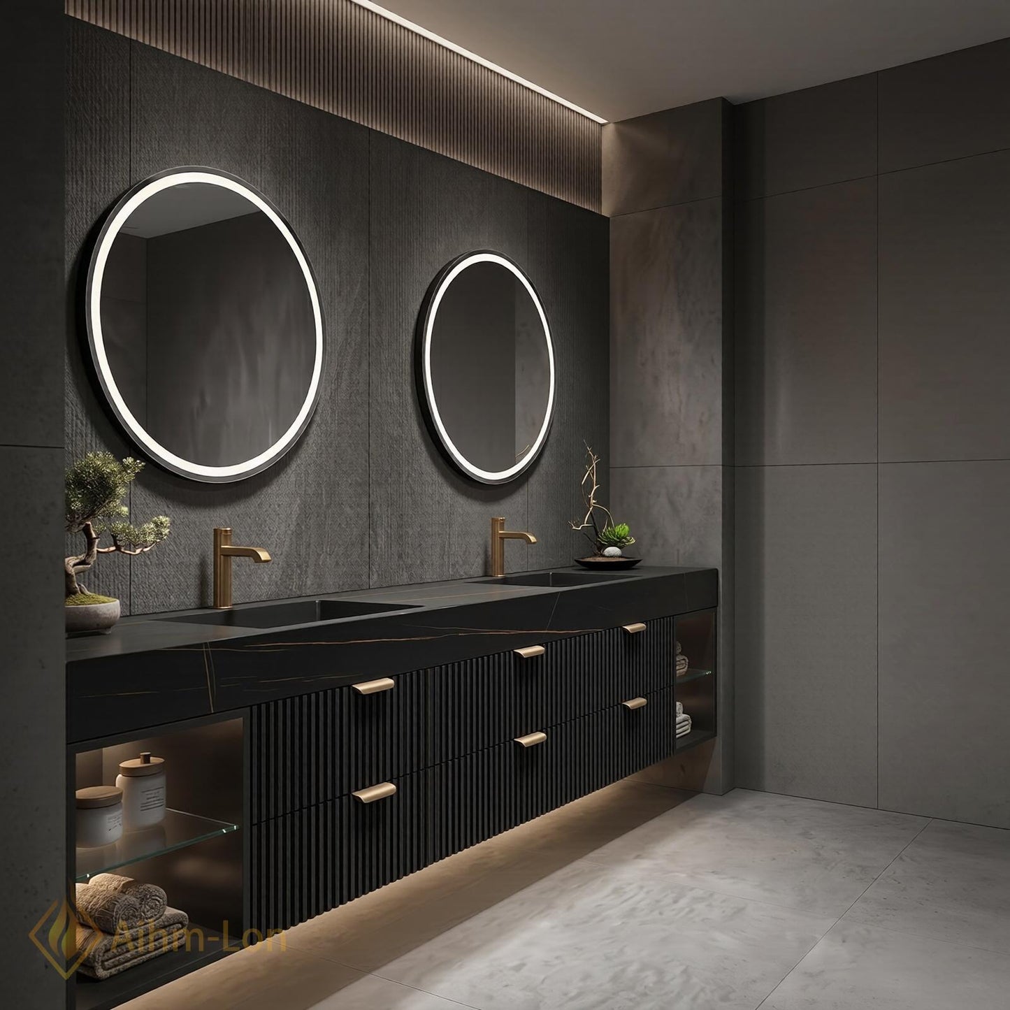 60''-96'' Double Bathroom Vanity with Sink Dark Modern Floating Stone-Top Stone