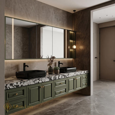 60''-96'' Double Bathroom Vanity with Sink Dark Olive Green Finish Slatted Front