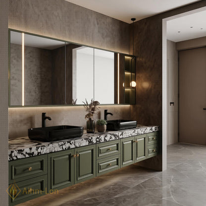 60''-96'' Double Bathroom Vanity with Sink Dark Olive Green Finish Slatted Front