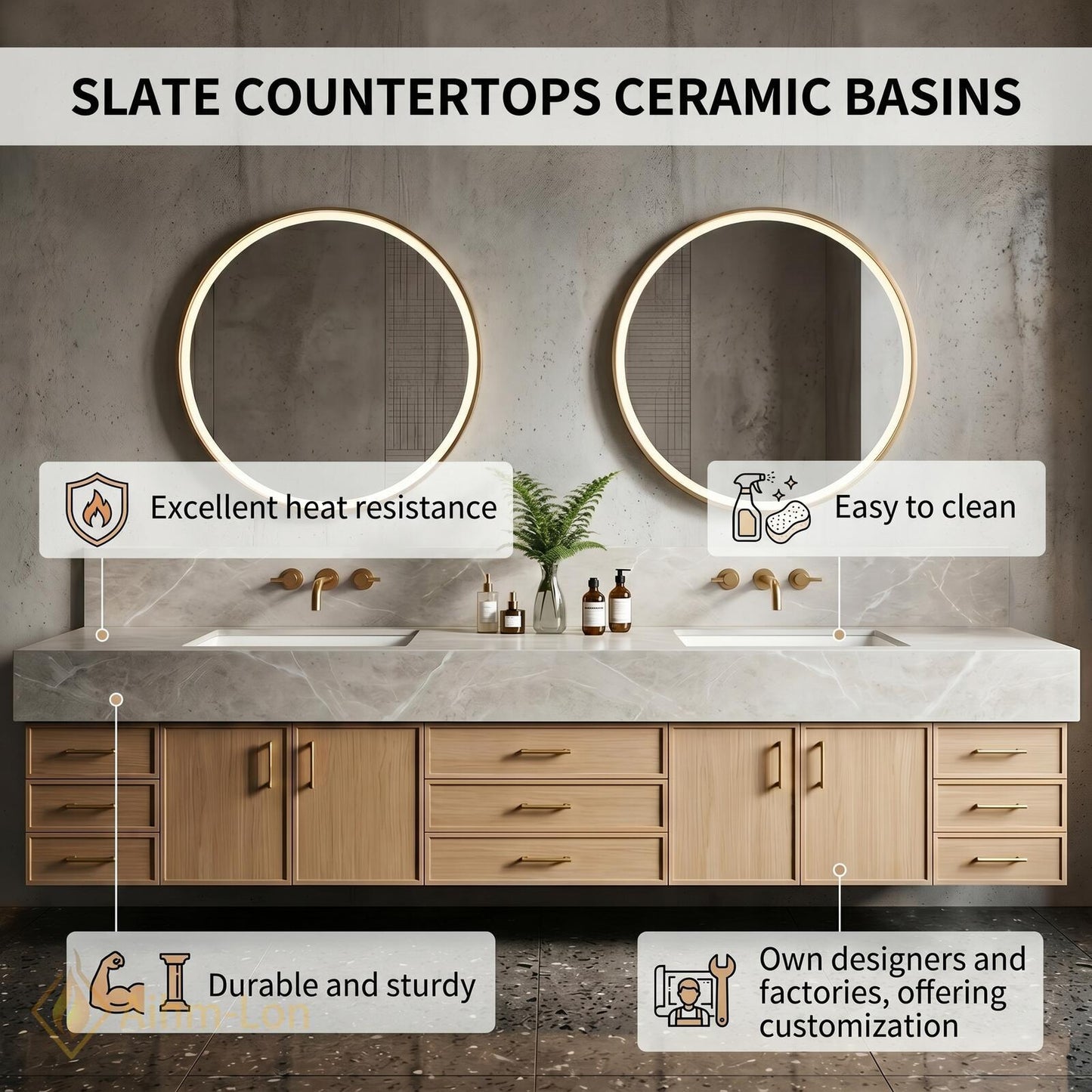 76''-96'' Double Bathroom Vanity with Sink Natural-Wood Modern Floating Stone-Top