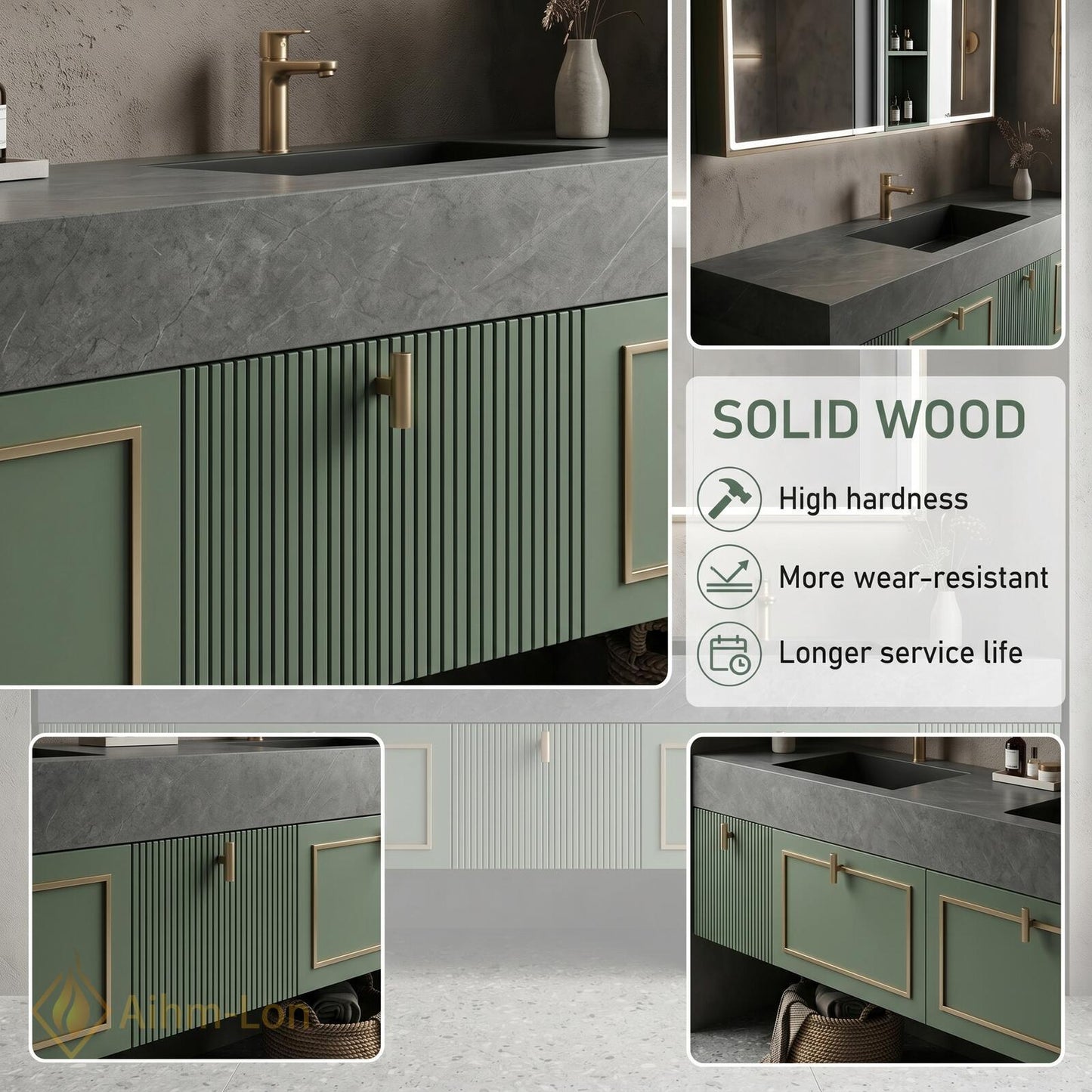 70''-96'' Modern Floating Double Bathroom Vanity with Sink Soft Green Slatted Panels