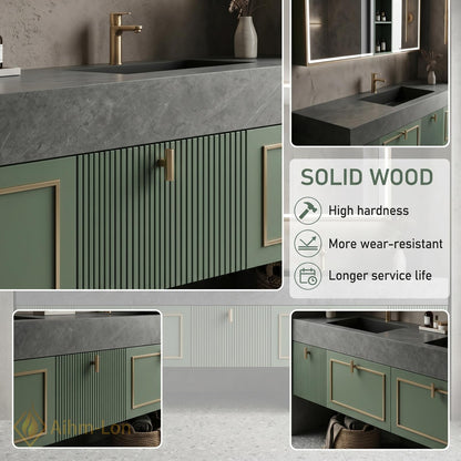 70''-96'' Modern Floating Double Bathroom Vanity with Sink Soft Green Slatted Panels