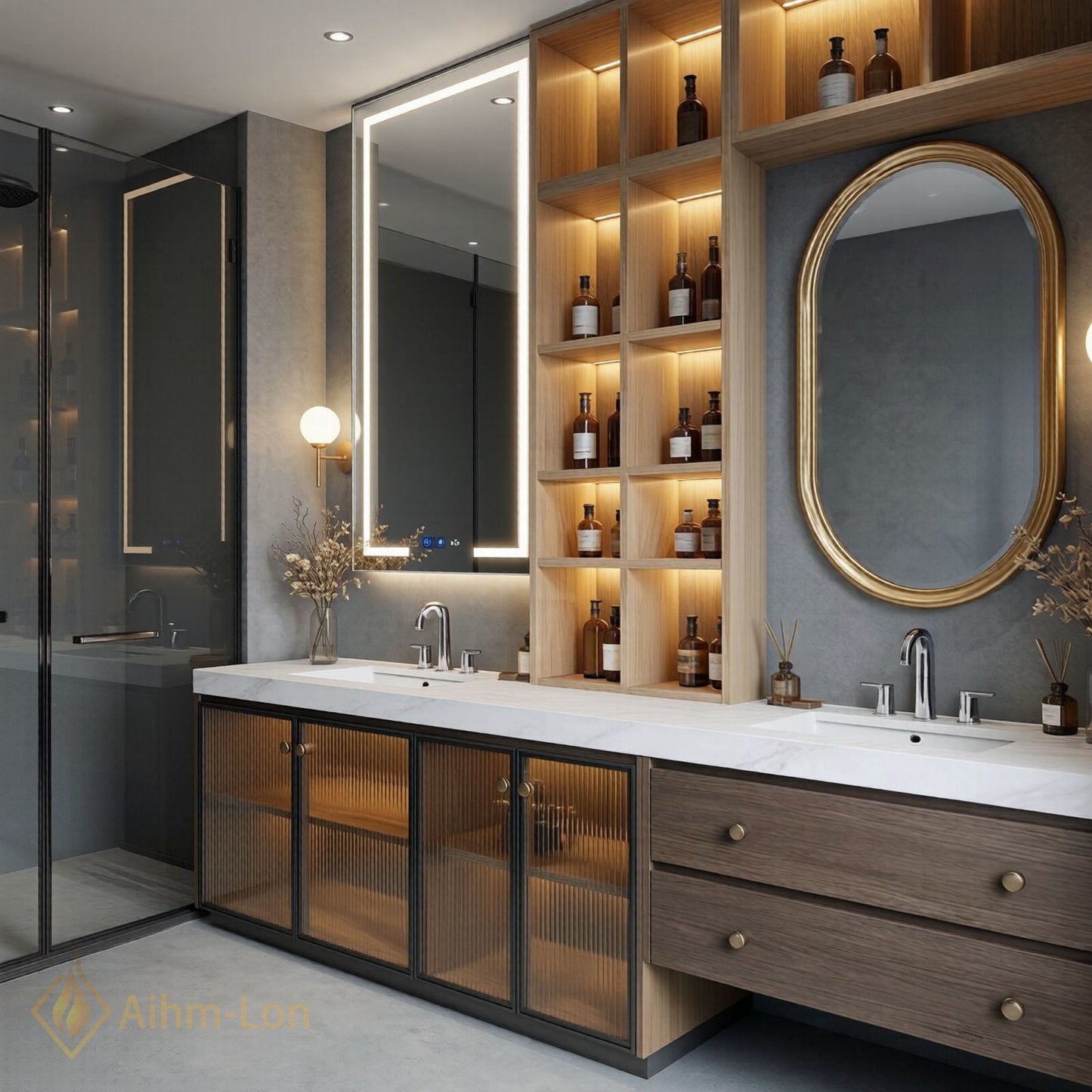 60''-96'' Double Bathroom Vanity with Sink Textured Glass White Marble-Effect Wall Shelves Cabinet