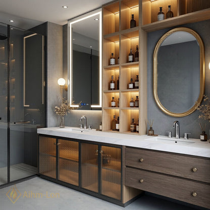 60''-96'' Double Bathroom Vanity with Sink Textured Glass White Marble-Effect Wall Shelves Cabinet