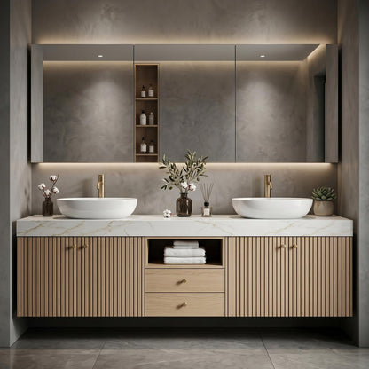 60''-96'' Modern Bathroom Vanity with Sink Double Sink Light Oak Veneer Slatted Niche Cabinet