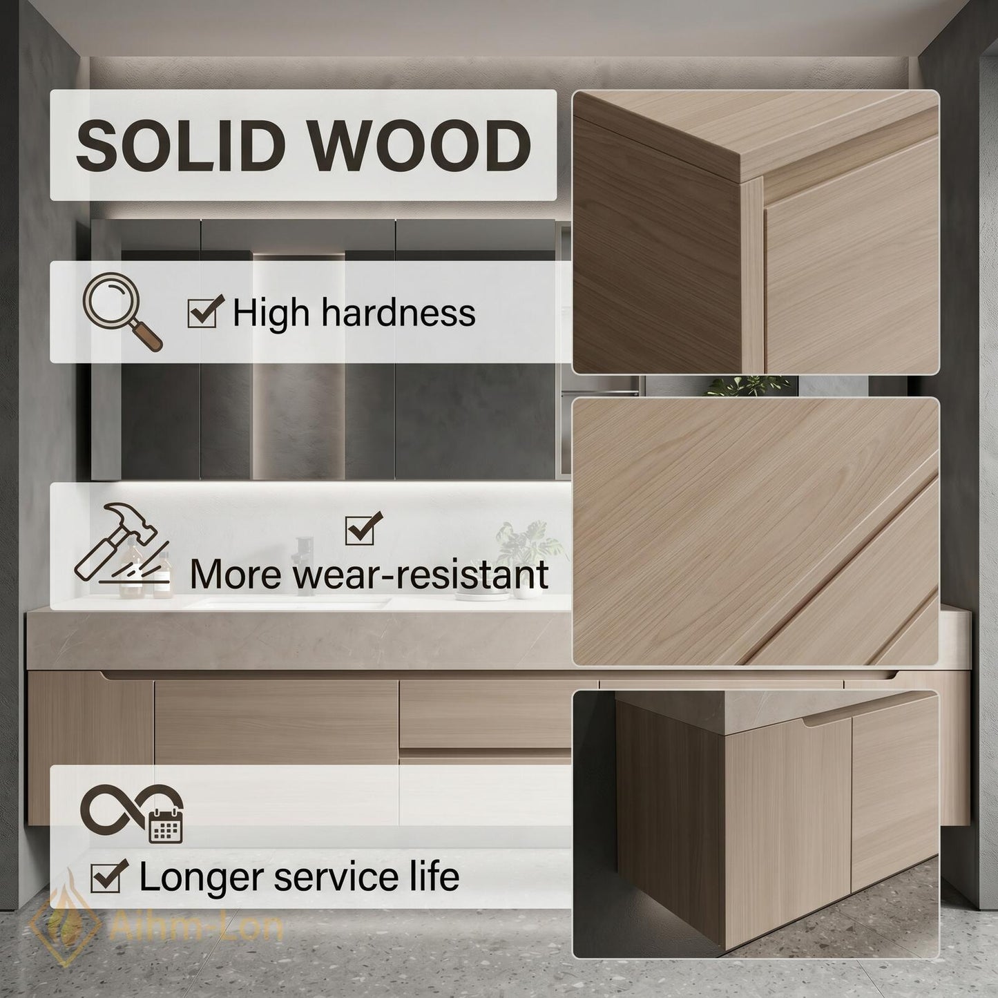60''-96'' Double Bathroom Vanity with Sink Light-Wood Modern Grain Floating Countertop