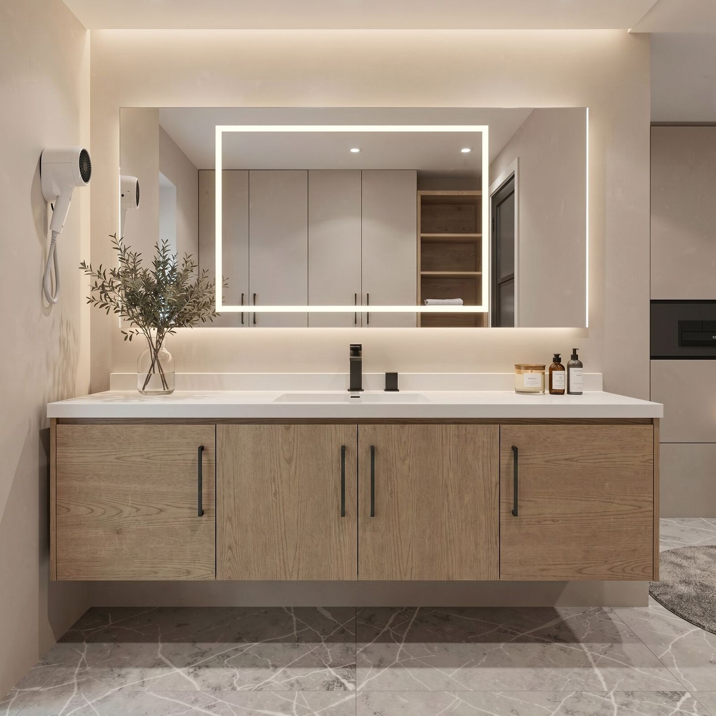 36''-64'' Single Bathroom Vanity with Sink Floating Light Wood Grain Mirror Cabinet