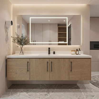 36''-64'' Single Bathroom Vanity with Sink Floating Light Wood Grain Mirror Cabinet