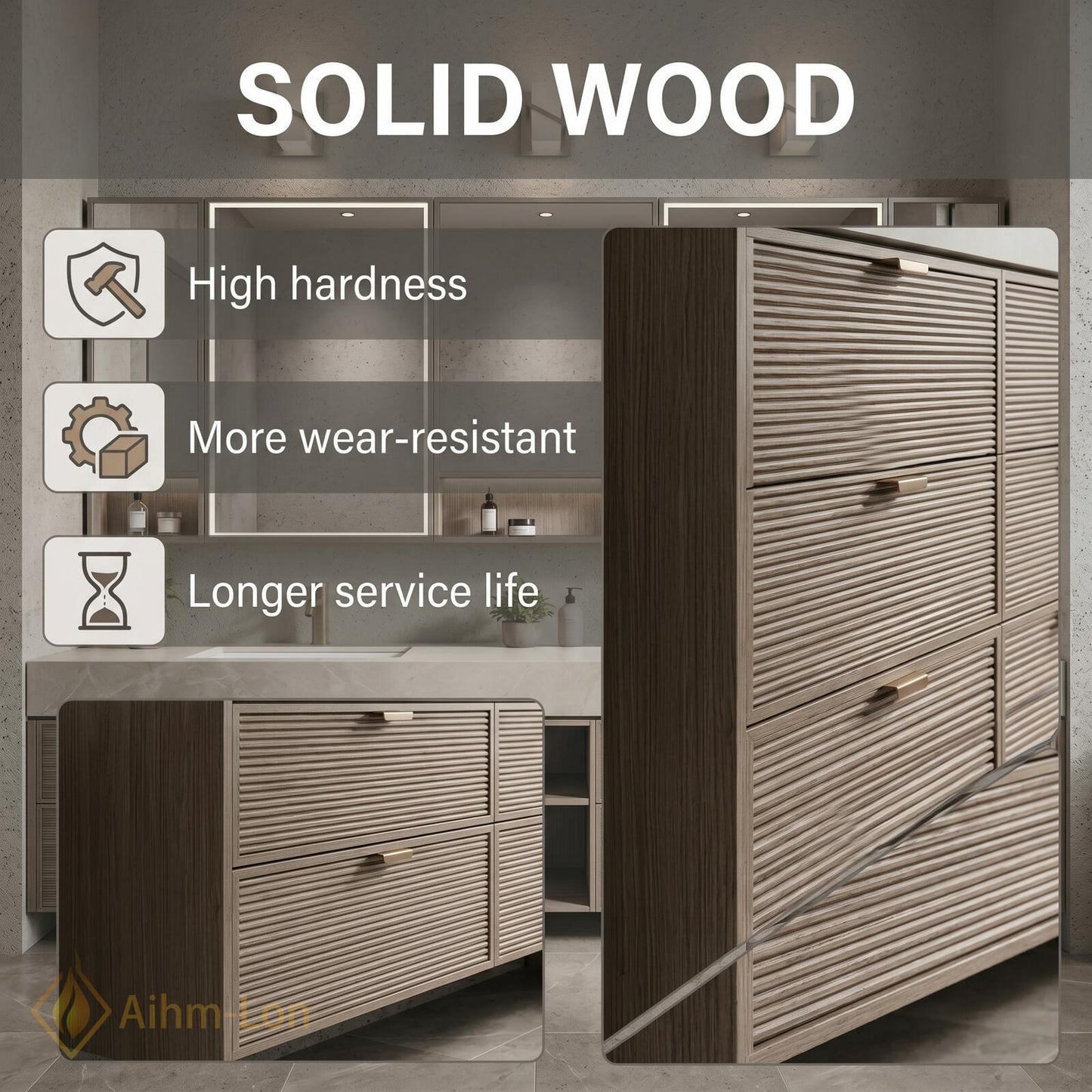 78''-96'' Double Bathroom Vanity with Sink Floating Stone Top Slatted Doors Center