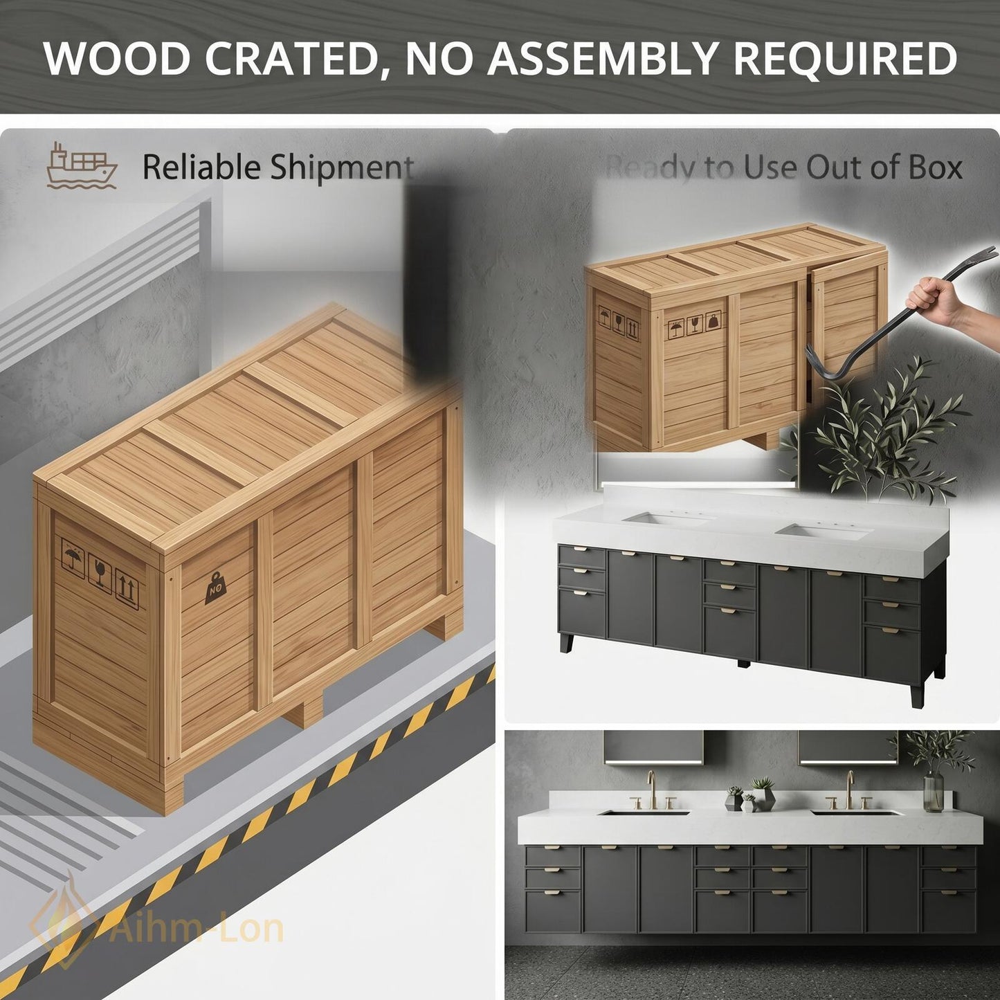76''-96'' Modern Double Bathroom Vanity with Sink Floating Thick Stone Charcoal Finish