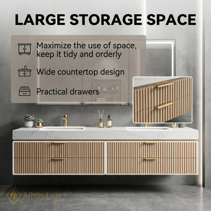 60''-96'' Triple Bathroom Vanity with Sink Warm Oak Slatted Doors White Marble