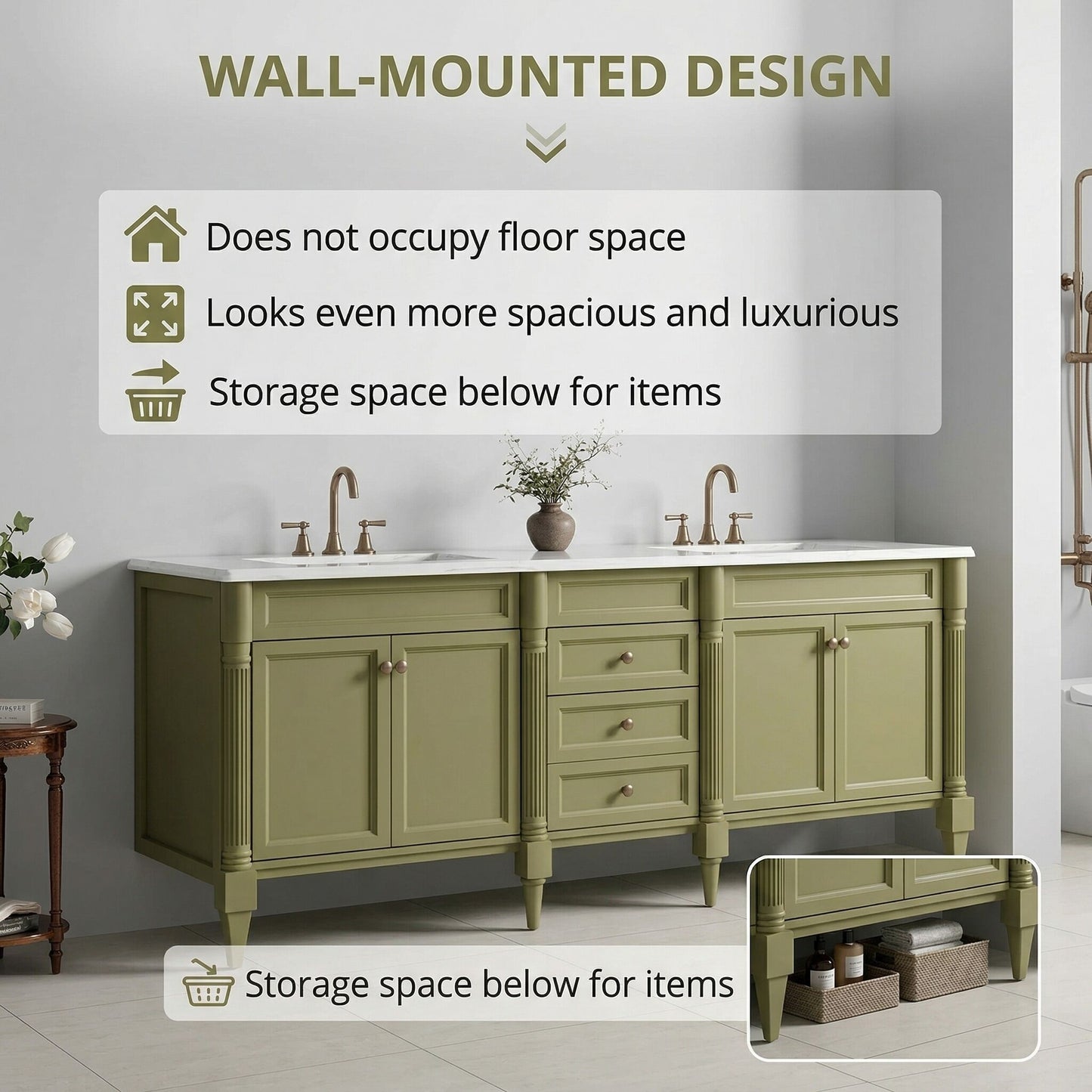 60"-96"Large Classic Bathroom Vanity with Double Sink   Cabinet with Integrated Mirror