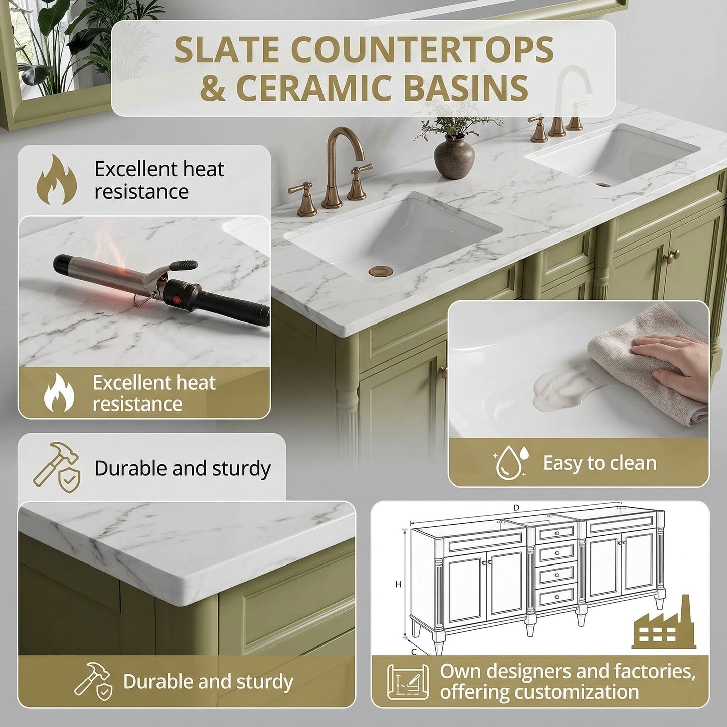 60"-96"Large Classic Bathroom Vanity with Double Sink   Cabinet with Integrated Mirror